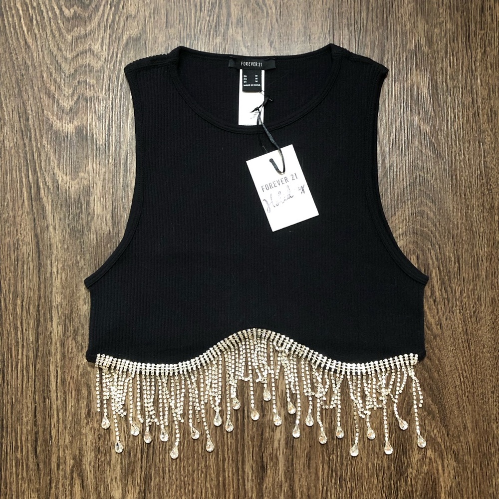 Forever 21 Rhinestone Fringe Ribbed Cropped Tank Top - Picture 13 of 17